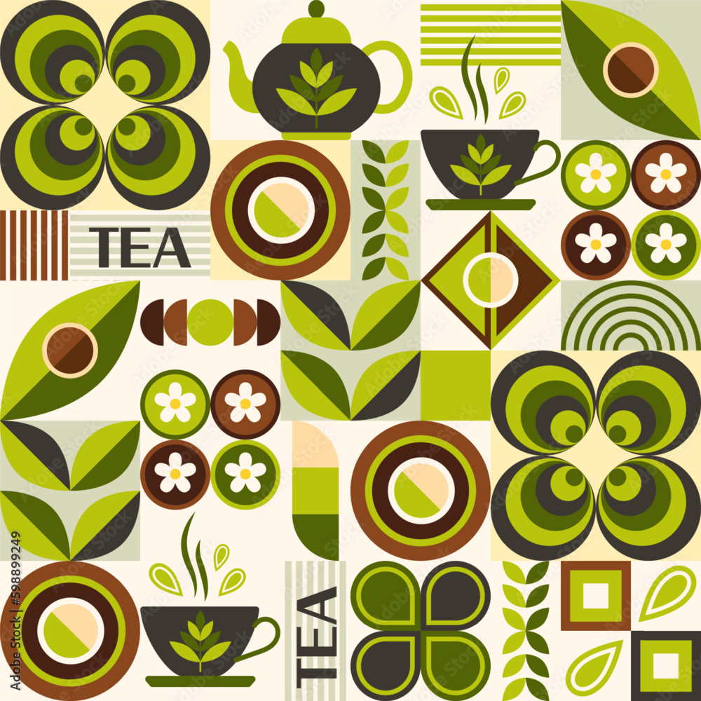 Aufkleber tea themed pattern with icons, design elements in simple geometric style. seamless background with a