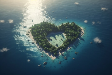 Travel, vacation and leisure concept. Tropical island in the shape of a heart in the middle of the ocean with sandy beach and rocks view from air. Valentines Day. Generative AI