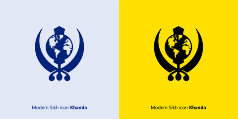 Modern Sikh icon Khanda with Globe Vector, Sticker for Car and Bikes, illustration, Raj Karega Khalsa, logo, flat isolated Sikhism symbol, religious logo. Punjab, Punjabi, - obrazy, fototapety, plakaty