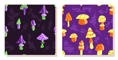 Mushroom pattern. Seamless vector illustration. Yellow, orange, green and purple.