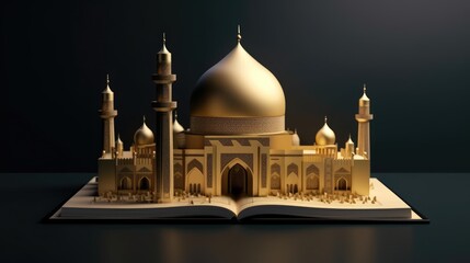 Fototapeta na wymiar 3D art depicts an Islamic mosque or masjid on a book or Quran.