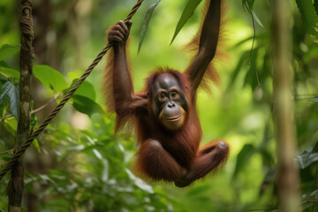 An Orangutan Swinging Through the Lush Green Rainforest Canopy, a Symbol of Primate Agility in Their Natural Habitat