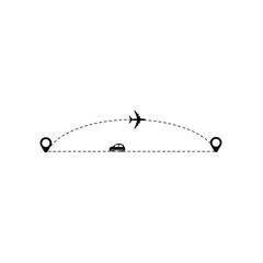 Set of dashed line plane car and bicycle route with location icon flat design