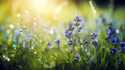 Spring Background with blue flowers with the sun shining on it generative ai