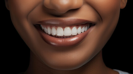 Smiling mouth of an African-American woman with perfect teeth. Generative AI