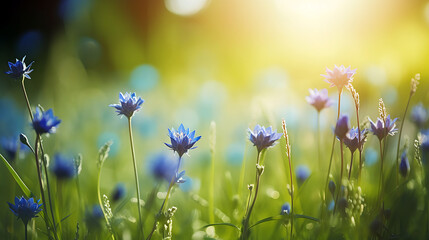 Fototapeta premium Spring Background with blue flowers with the sun shining on it generative ai