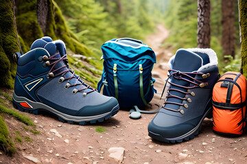 hiking boots and bag on the ground on during picnic in summer and spring