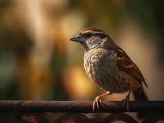 Fence Visitor. House Sparrow perched on a fence. Wildlife and nature concept. AI Generative