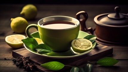 Cup of  green tea with fresh lemon, Generative AI