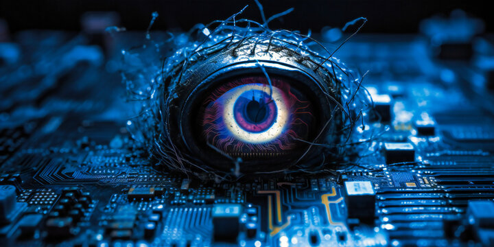 a blue eye on a blue circuit board