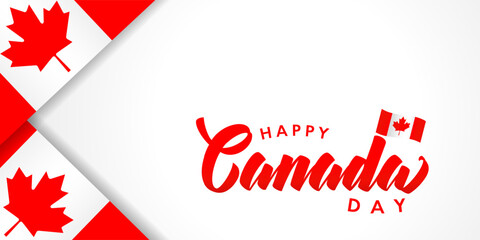 Happy Canada day lettering poster with flags. Vector typography illustration for Happy Canada Day with red maple leaf on flag