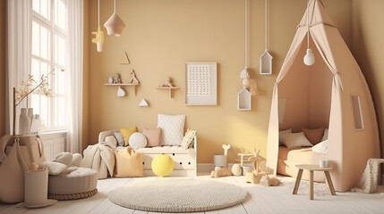Cozy beige children room interior background. Generative Ai