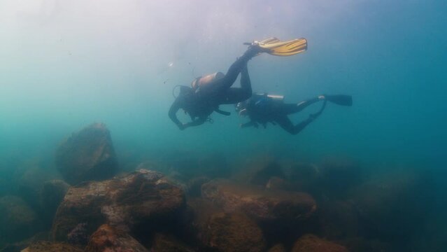 Diving in Brazil. Two scuba divers swim underwater over the rocky bottom and explore the local dive site. Xavier island near Santa Catarina island, Florianopolis Generative AI