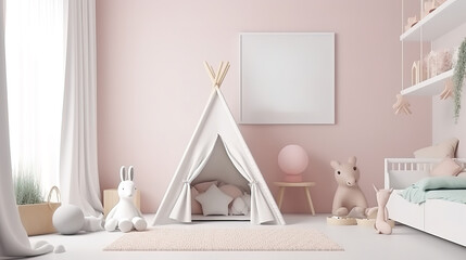 Fototapeta na wymiar Mock up frame in white cozy children room interior background. Generative Ai