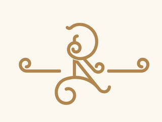 Letter R monogram logo. Typographic signature icon. Antique lettering sign isolated on light fund. Wedding, fashion, beauty, gift boutique alphabet initial. Decorative, ornate style character.