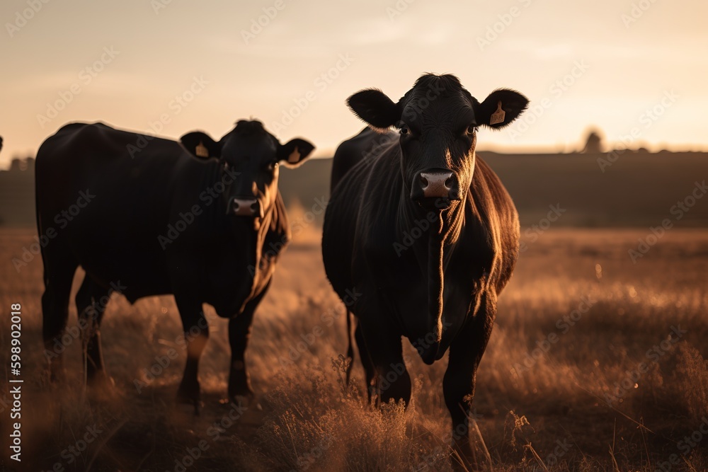 Poster a few cows standing on a grassland that has been allowed to wither. generative ai generative ai