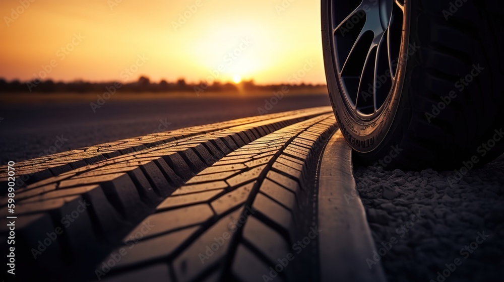 Poster a tire sitting on the side of the road with the setting sun in the backdrop generative ai generative