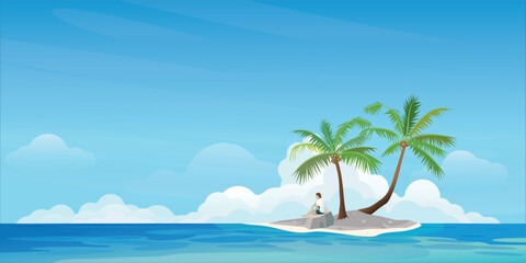 Small tropical island and palm trees with a shipwrecked man flat design. Travel concept vector illustration background with blank space.