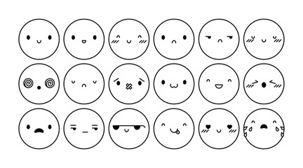Vector kawaii emoji with different emotions set. Round cute faces with different emotional expressions isolated. Line happy, neutral, crying, excited and cool cute faces for social media
