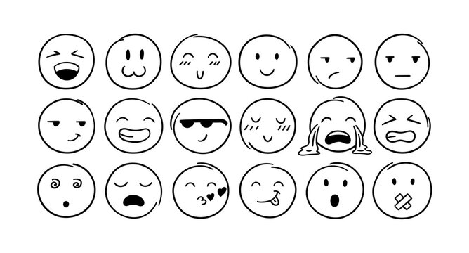 Naklejki Vector hand drawn doodle emoji with different emotions set. Round cute faces with different emotional expressions isolated. Line happy, neutral, crying, excited and cool cute faces for social media