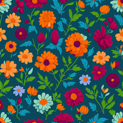 Obraz premium Trendy seamless vector floral pattern. Seamless print from large realistic flowers. A bouquet of chrysanthemums flowers from the garden.