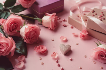 Pink Rose Delight. Pink roses, gifts, and hearts on a pink background with space for text. Romantic and celebratory concept. AI Generative
