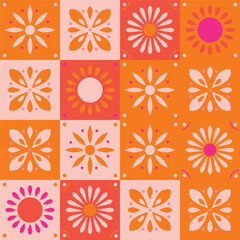 Seamless pattern with traditional ornate decorative tiles. Portuguese ceramic square tiles in orange, red and pink. Colorful vector illustration. - 598903037