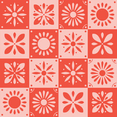 Seamless pattern with traditional ornate decorative tiles. Portuguese ceramic square tiles in orange, red and pink. Colorful vector illustration.