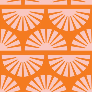 Seamless pattern with abstract shapes in orange, pink and red. Colorful vector illustration.