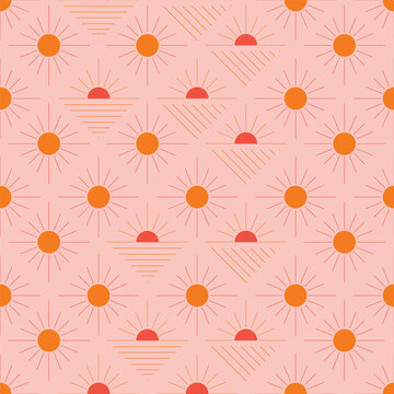 Seamless pattern with abstract shapes in orange, pink and red. Colorful vector illustration.