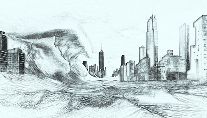 A dramatic illustration depicting a tsunami wave towering over a city, with buildings in its path