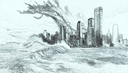 A dramatic illustration depicting a tsunami wave towering over a city, with buildings in its path