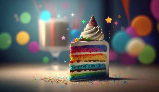 AI generated image of a colorful and magical birthay cake with delicious and funny appeareance