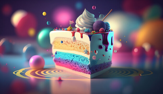 AI generated image of a colorful and magical birthay cake with delicious and funny appeareance