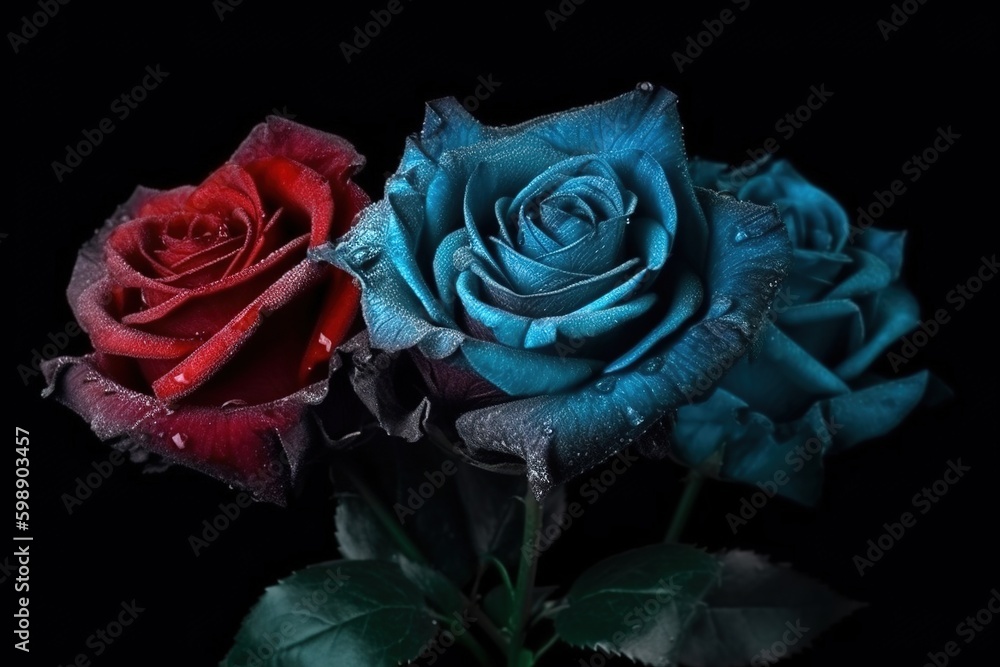 Poster two flowers, one red and one blue, each with a few water drops on it generative ai generative ai