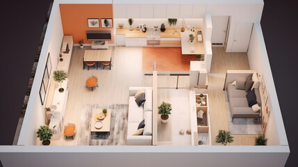Obraz na płótnie Canvas High angle living room 3d interior design. Generative Ai