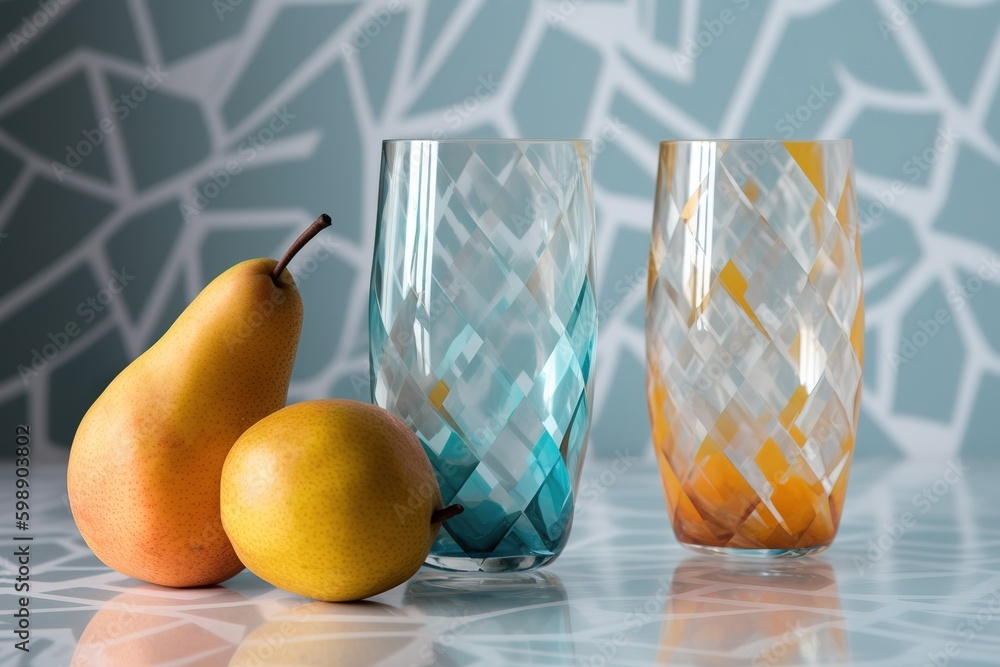 Poster a table with three vases made of glass in various colors sitting on it generative ai generative ai
