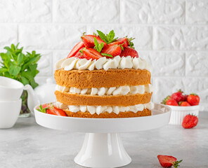 Strawberry cake, vanilla sponge cake with cream cheese and fresh strawberries. Summer cake....