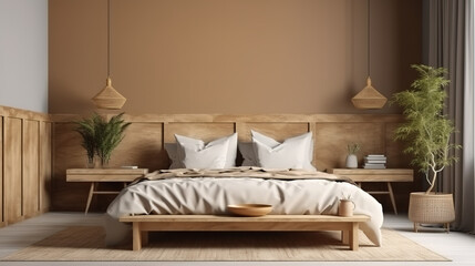 Mock up psd leaning in minimal bedroom home decor interior. Generative Ai