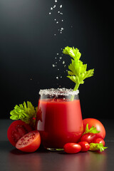Sea salt is poured into a glass of tomato juice with celery.