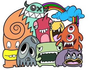 Hand-drawn illustrations, monsters doodle, Hand Drawn cartoon monster illustration,Cartoon crowd doodle hand-drawn Doodle style.