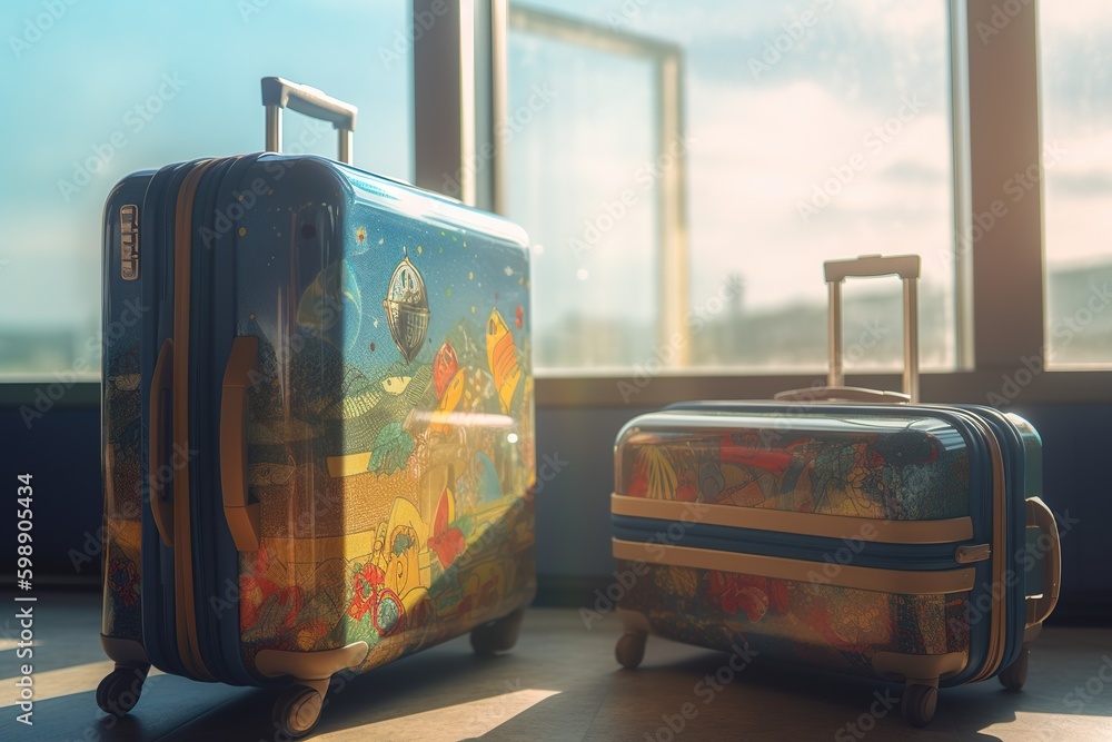 Poster there are two bags stacked on top of each other and sitting near to a window. generative ai generati
