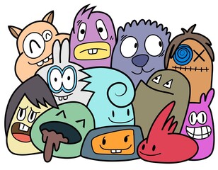 Hand-drawn illustrations, monsters doodle, Hand Drawn cartoon monster illustration,Cartoon crowd doodle hand-drawn Doodle style.