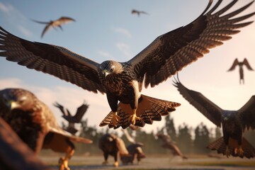 A detailed illustration of a group of birds of prey, such as falcons or hawks, in action, Generative AI