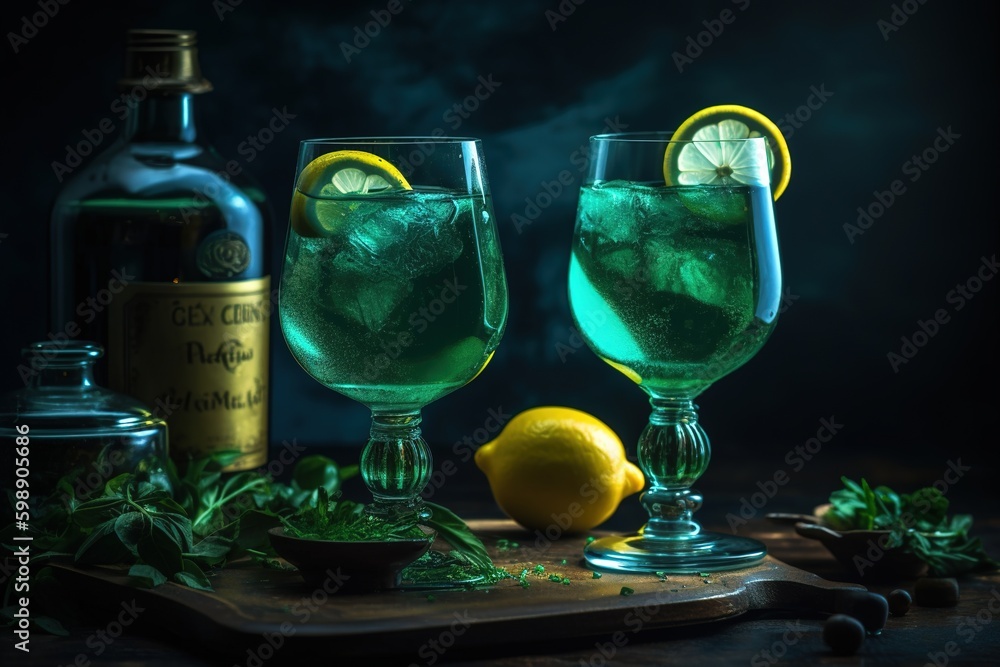 Poster a few glasses, each of which is half full with a green liquid generative ai generative ai
