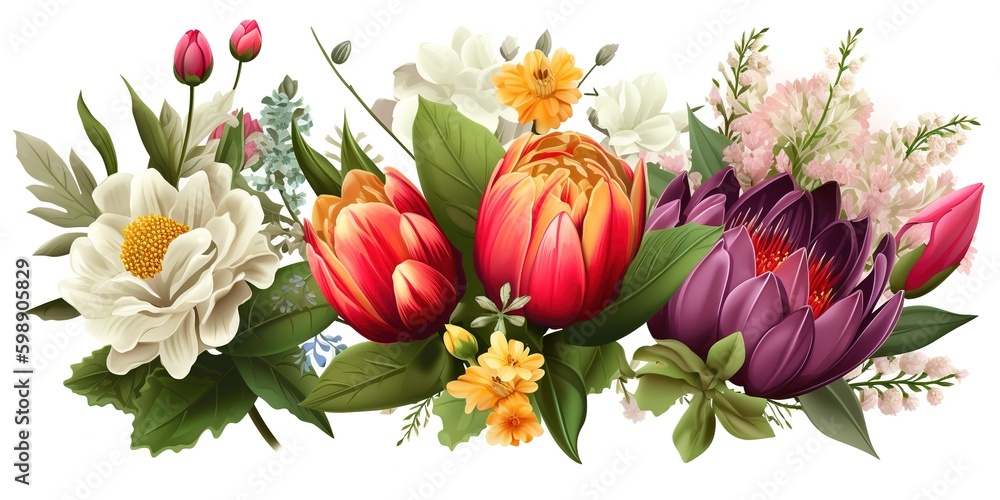 Poster a bouquet of flowers on a white backdrop that are shown together generative ai generative ai