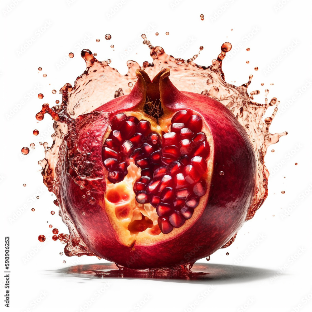 Poster macro shot of a fresh delicious ideal exploding juicy pomegranate with splashes of water and juice a
