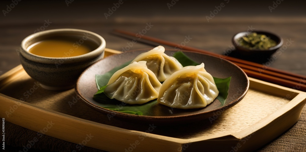 Poster bamboo serving platter with a homemade dumpling recipe. generative ai generative ai