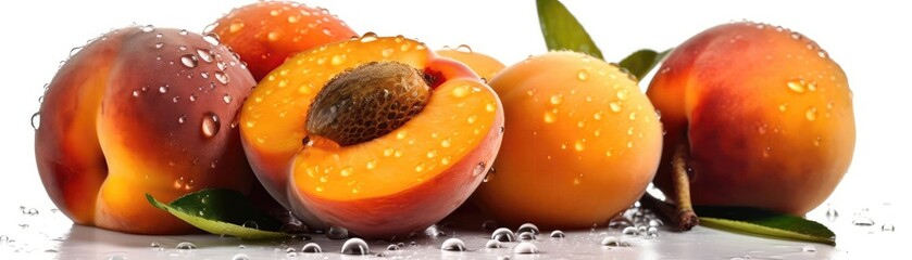 Obraz na płótnie Canvas Apricots With Droplets On White Background Wde Panoramic. Generative AI