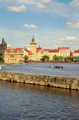 Scenic view on Vltava river and historical center of Prague